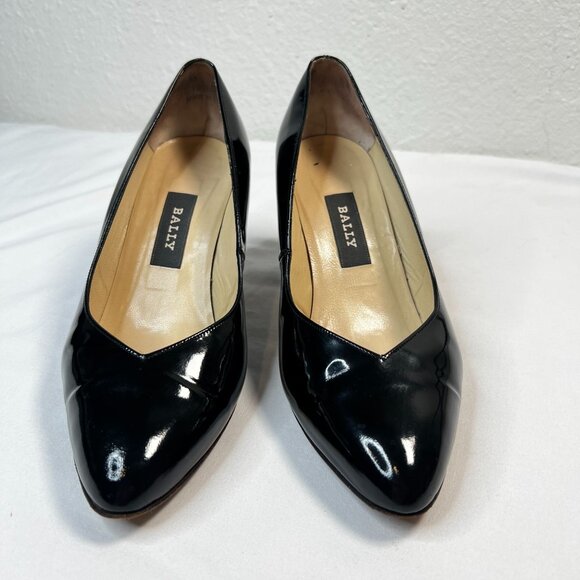 Bally Classic Patent Leather Pumps Cone Heel Almond Toe Black 5 - Picture 9 of 13